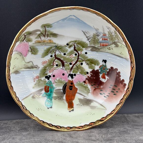 Nippon Japanese Berry Bowl Hand Painted Gilt Ladies Garden Fuji w/ Holes VTG 7" - Picture 5 of 14